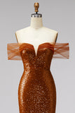 Vestido de graduación de sirena de hombros descubiertos, lentejuelas, escote en V con cola de fin de curso