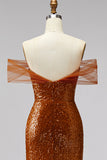 Vestido de graduación de sirena de hombros descubiertos, lentejuelas, escote en V con cola de fin de curso