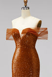 Vestido de graduación de sirena de hombros descubiertos, lentejuelas, escote en V con cola de fin de curso