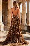 Vestido largo largo de graduación sin espaldas sin espaldas sirena caqui caqui de leopardo con volantes