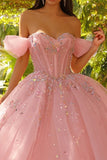 Vestido de gala de corsé rosa descubierto con brillo Quinceañera