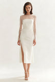 Vestido de compromiso Midi bodycon escote redondo de marfil con abertura