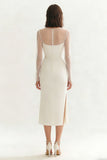 Vestido de compromiso Midi bodycon escote redondo de marfil con abertura