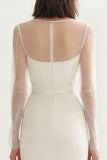 Vestido de compromiso Midi bodycon escote redondo de marfil con abertura