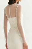 Vestido de compromiso Midi bodycon escote redondo de marfil con abertura