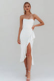 Vestido de soltera blanco sin tirantes bodycon volantes y abertura