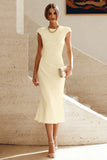Vestido Midi de Baile de Sirena Blanca con cuello redondo y mangas gordas