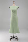 Vestido Midi de Baile de Sirena Blanca con cuello redondo y mangas gordas