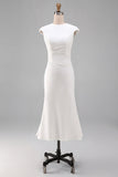Vestido Midi de Baile de Sirena Blanca con cuello redondo y mangas gordas