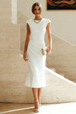 Vestido Midi de Baile de Sirena Blanca con cuello redondo y mangas gordas
