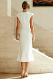 Vestido Midi de Baile de Sirena Blanca con cuello redondo y mangas gordas