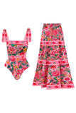 Traje de baño de dos piezas floral fucsia para control abdominal con vestido de playa