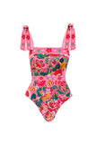 Traje de baño de dos piezas floral fucsia para control abdominal con vestido de playa