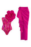 Traje de baño de dos piezas con flor fucsia 3D de un hombro y vestido de playa