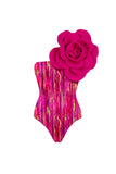 Traje de baño de dos piezas con flor fucsia 3D de un hombro y vestido de playa
