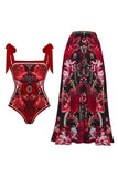 Traje de baño floral negro rojo de dos piezas con tirantes finos