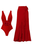 Traje de baño rojo de dos piezas con escote en V con volantes y vestido de playa