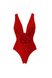 Traje de baño rojo de dos piezas con escote en V con volantes y vestido de playa