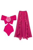 Traje de baño fucsia de dos piezas con flores 3D de dos piezas y vestido de playa