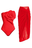 Traje de baño rojo sin tirantes de dos piezas con tapa