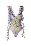 Bañador floral verde de dos piezas, escote en V con volantes y vestido de playa