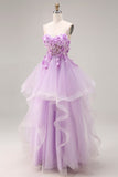 Vestido largo de graduación de graduación con cordones y espalda de organza lila Sweetheart A-line con cordones y apliques