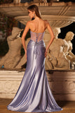 Vestido largo largo de graduación tirantes con corsé lila sirena y cuentas y abertura