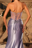 Vestido largo largo de graduación tirantes con corsé lila sirena y cuentas y abertura