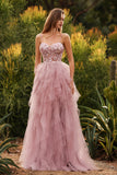 Vestido largo de graduación de tul con tirantes finos en línea A y línea rosa con volantes