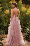 Vestido largo de graduación de tul con tirantes finos en línea A y línea rosa con volantes