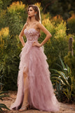 Vestido largo de graduación de tul con tirantes finos en línea A y línea rosa con volantes