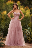 Vestido largo de graduación de tul con tirantes finos en línea A y línea rosa con volantes