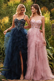 Vestido largo de graduación de tul con tirantes finos en línea A y línea rosa con volantes