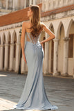 Corsé de sirena azul polvoriento, vestido largo de satén y abalorios