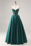 Vestido largo de corte largo verde verde oscuro de satén A-Line con cuentas y lazo