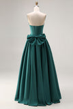 Vestido largo de corte largo verde verde oscuro de satén A-Line con cuentas y lazo