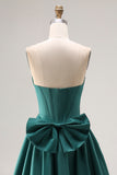 Vestido largo de corte largo verde verde oscuro de satén A-Line con cuentas y lazo