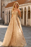 Corsé A-Line de champán brillante Vestido largo de tul con lentejuelas