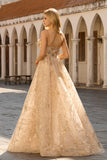 Corsé A-Line de champán brillante Vestido largo de tul con lentejuelas