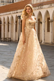 Corsé A-Line de champán brillante Vestido largo de tul con lentejuelas