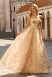 Corsé A-Line de champán brillante Vestido largo de tul con lentejuelas