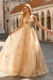 Corsé A-Line de champán brillante Vestido largo de tul con lentejuelas