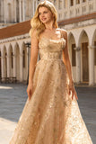 Corsé A-Line de champán brillante Vestido largo de tul con lentejuelas