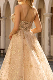 Corsé A-Line de champán brillante Vestido largo de tul con lentejuelas