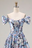 Corsé azul A-Line, con hombros descubiertos, vestido largo de graduación floral con abertura