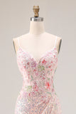 Vestido largo de graduación sin espalda con cuentas de sirena rosa brillante bordado y con abertura