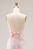 Vestido largo de graduación sin espalda con cuentas de sirena rosa brillante bordado y con abertura
