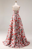 Vestido de graduación de graduación largo de cintura vasca con tirantes finos de flor rosa roja y tirantes finos