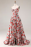 Vestido de graduación de graduación largo de cintura vasca con tirantes finos de flor rosa roja y tirantes finos