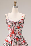 Vestido de graduación de graduación largo de cintura vasca con tirantes finos de flor rosa roja y tirantes finos